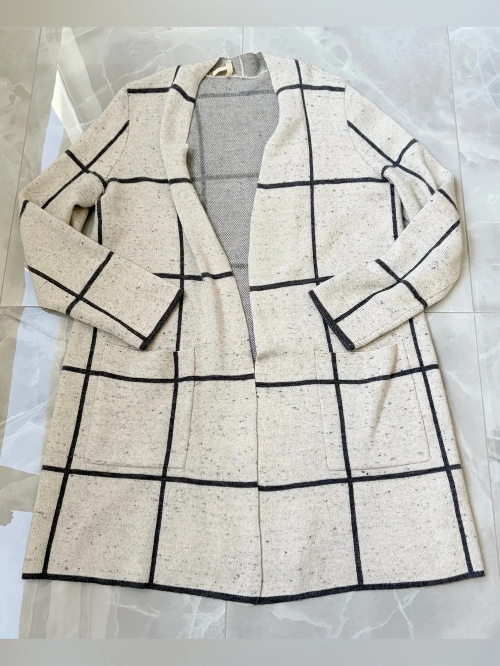 Eileen Fisher Peppered Windowpane Wool Organic Cotton Open Front Cardigan Large - Picture 3 of 8